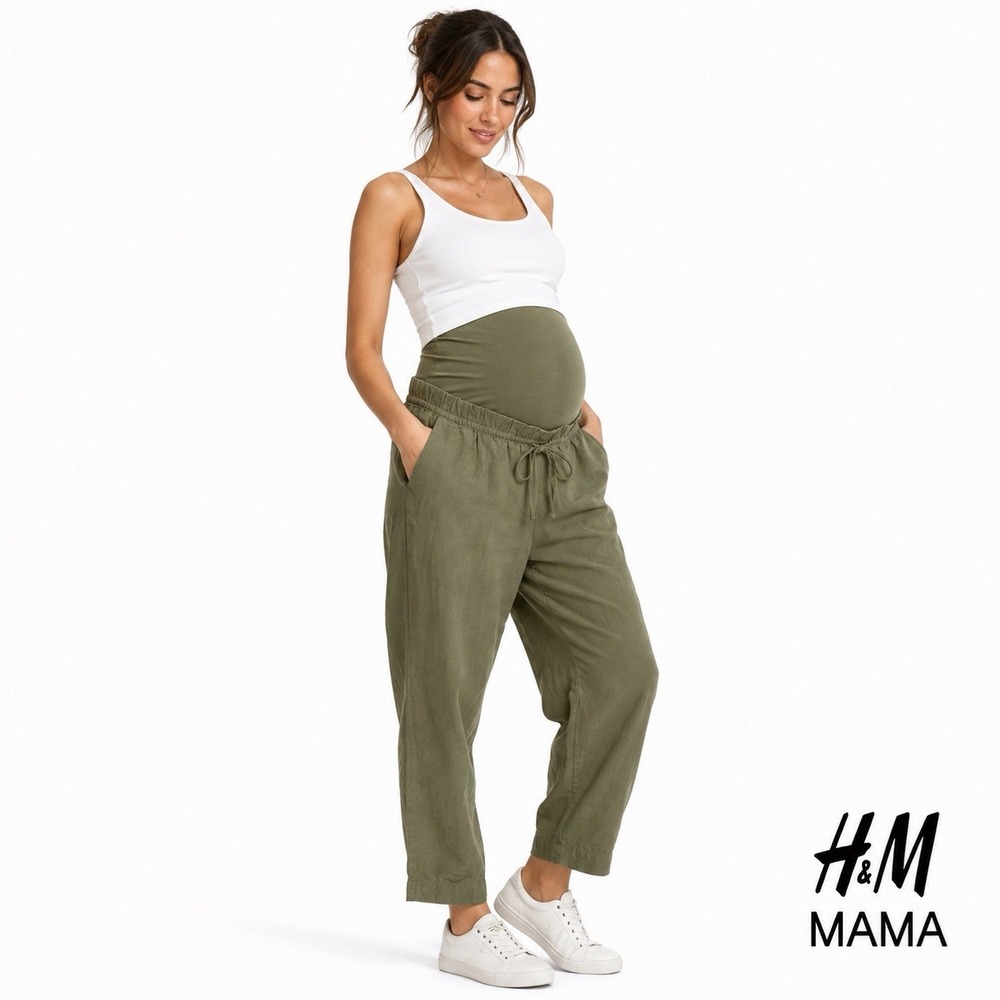 H&M MAMA Maternity Pants Women's Small Olive Green Linen Blend Pull On Ankle